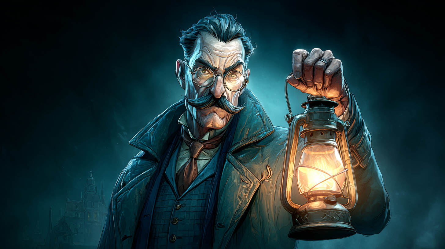 Detective in old London holding a lantern